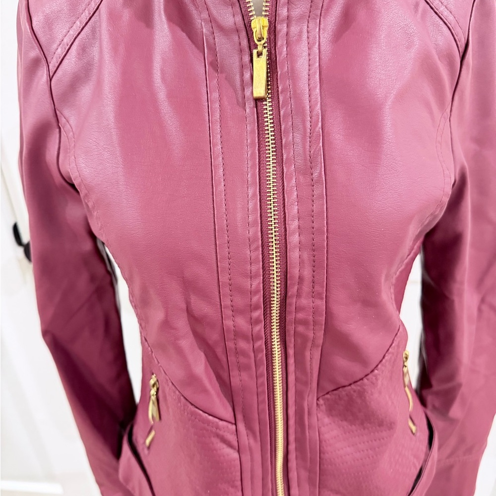 New Look Wine Faux Leather Zip Moto Jacket - Picture 2 of 6